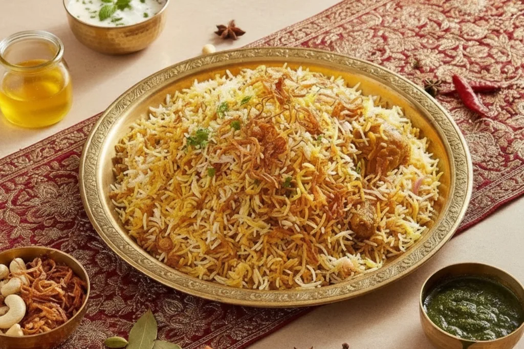 Chicken biryani — restyled by Photosfix from a real kitchen phone shot
