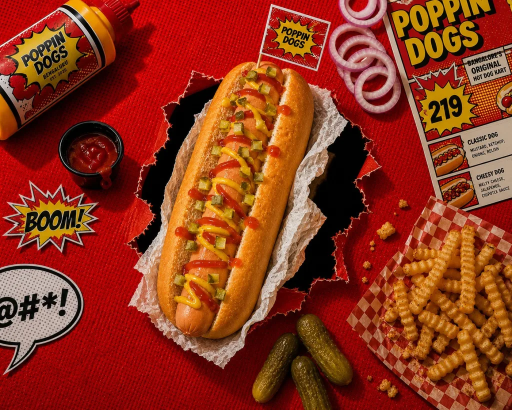 Poppin' Dogs — classic dog menu photo, loaded hot dogs food photography by Photosfix